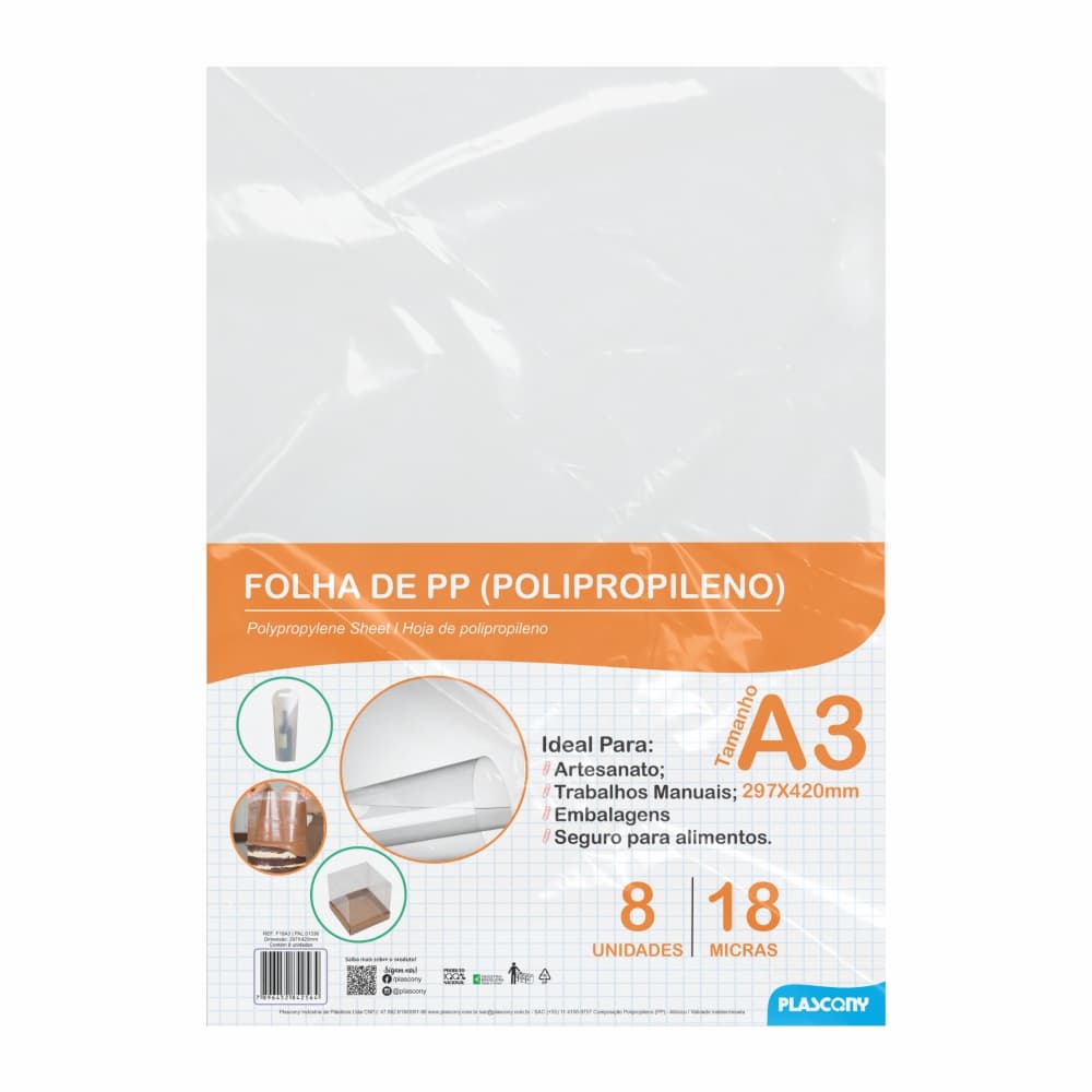 Folha de Polipropileno (PP), espessura 0.18mm, A4 e A3, Pacote C/8 e 15 unidades, Transparente, Plascony