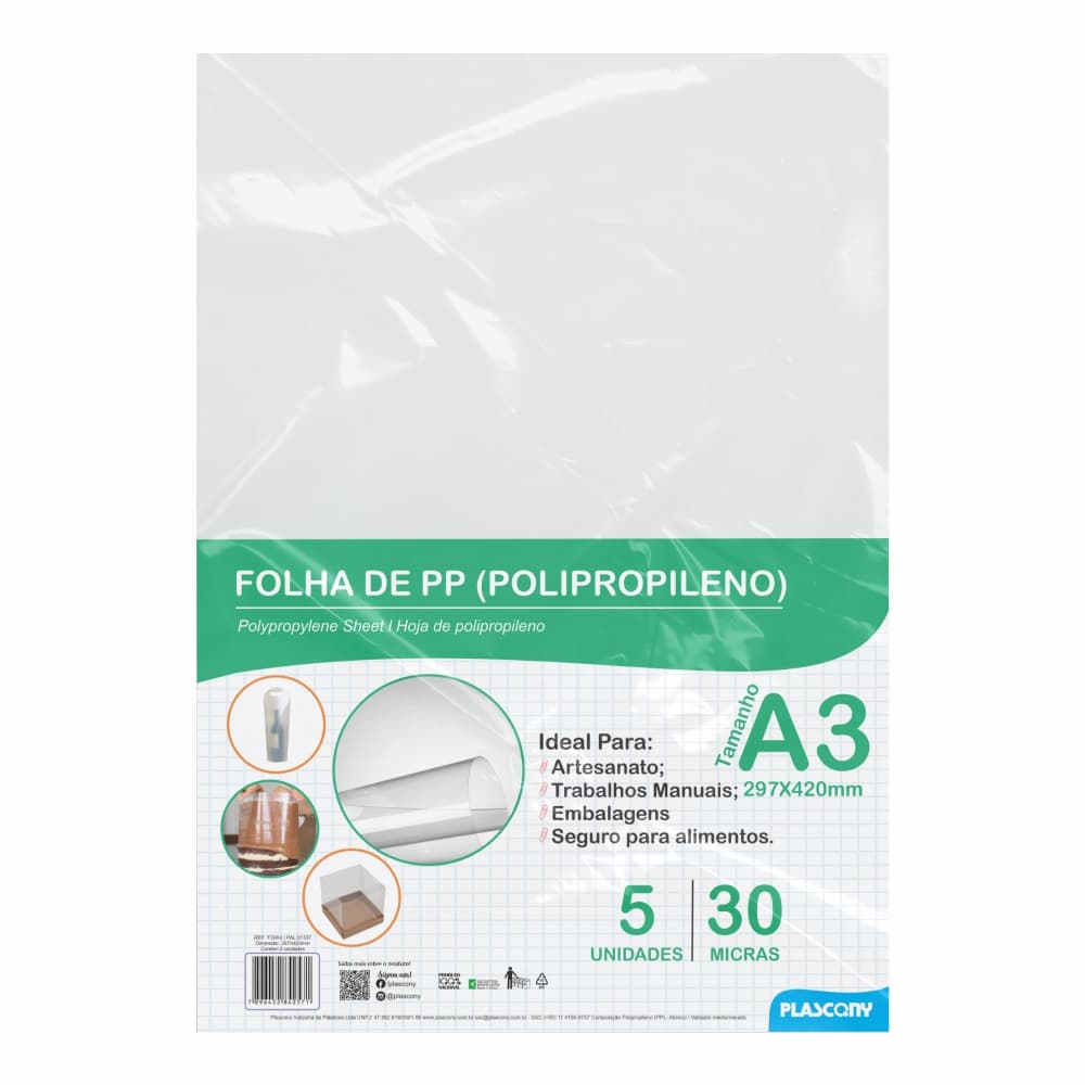 Folha de Polipropileno (PP), A4 e A3, espessura 0,30mm, Pacote, Transparente, Plascony