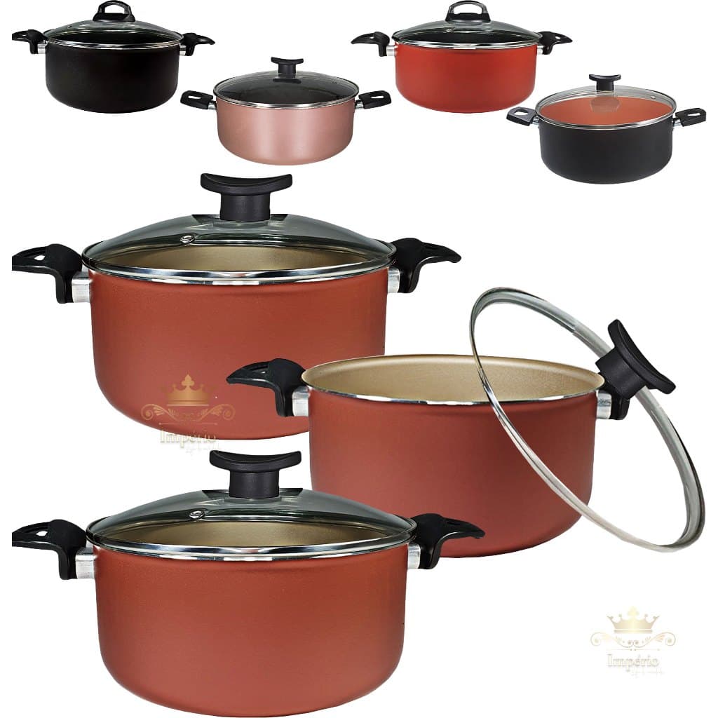 Kit 3 Panelas Caçarolas 16 18 20cm 5 Camadas Antiaderente Teflon Cereja Bege Rose Rosa Cobre Preta Vermelha Tampa Vidro