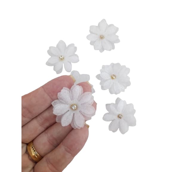 Aplique Flor de Organza c/ Strass para aplicação em vestidos laços acessorios pct c/ 50 unidades