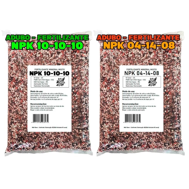 Kit Adubo Fertilizante Granulado NPK 10-10-10 + 04-14-08 (1kg + 1kg ou 500g + 500g)