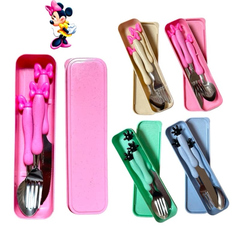 Jogo Talheres minnie Infantil c/ Estojo Garfo Faca colher 3pc Inox Marmita Viagem minnie mickey fofo