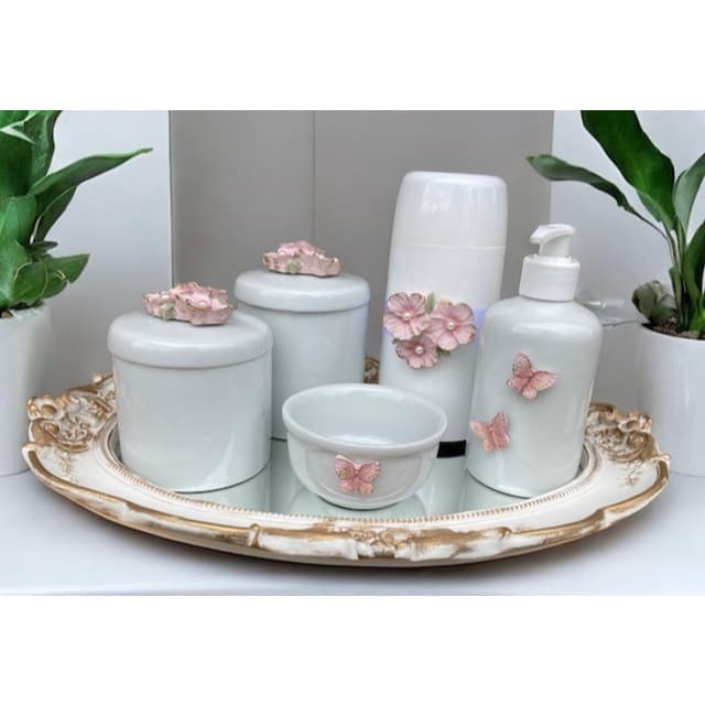 Kit Higiene do bebe em cerâmica tema flores borboletas jardim encantado