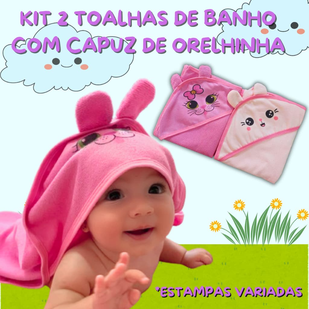 Kit 2 Unidades - Toalha de banho com orelhinha no capuz estampada bichinho bebê