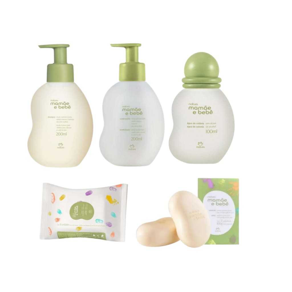 Kit Mamãe e Bebê Natura - 5 Itens  Shampoo/ Cond/ Colonia / Sabonete em barra 2 unid e Lenço