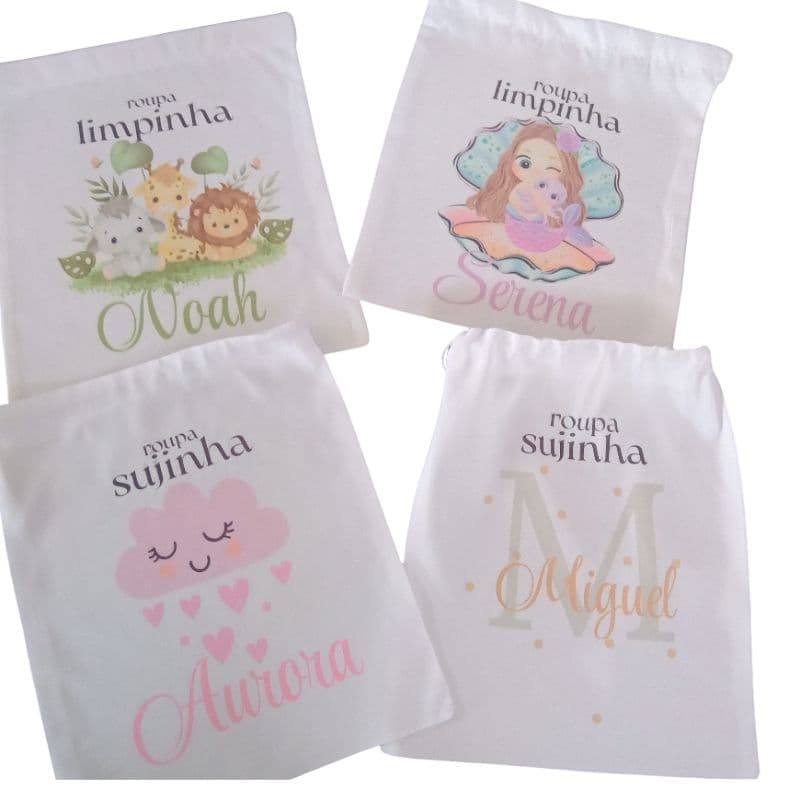 saquinho organizador escolar roupa suja personalizado com nome, kit saquinho roupa limpa,suja, sacolinhas personalizadas