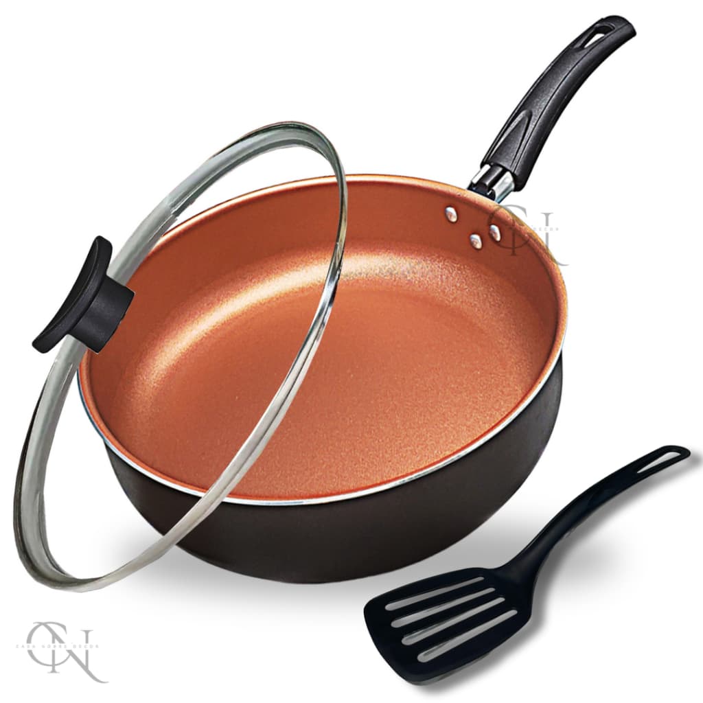 Frigideira Alta Funda 18 cm Antiaderente Teflon Tampa de Vidro e Espátula Nylon Cor Preto e Cobre