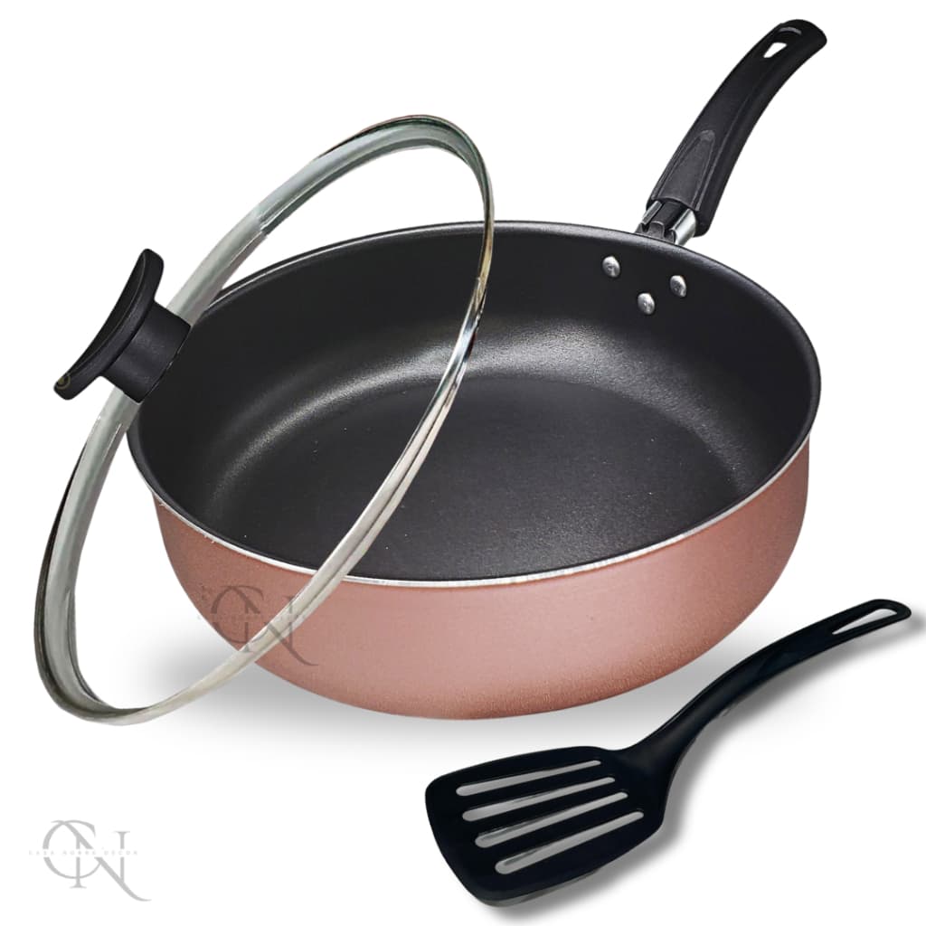 Frigideira Alta Funda 18 cm Antiaderente Teflon Tampa de Vidro e Espátula Nylon Cor Rose e Preto