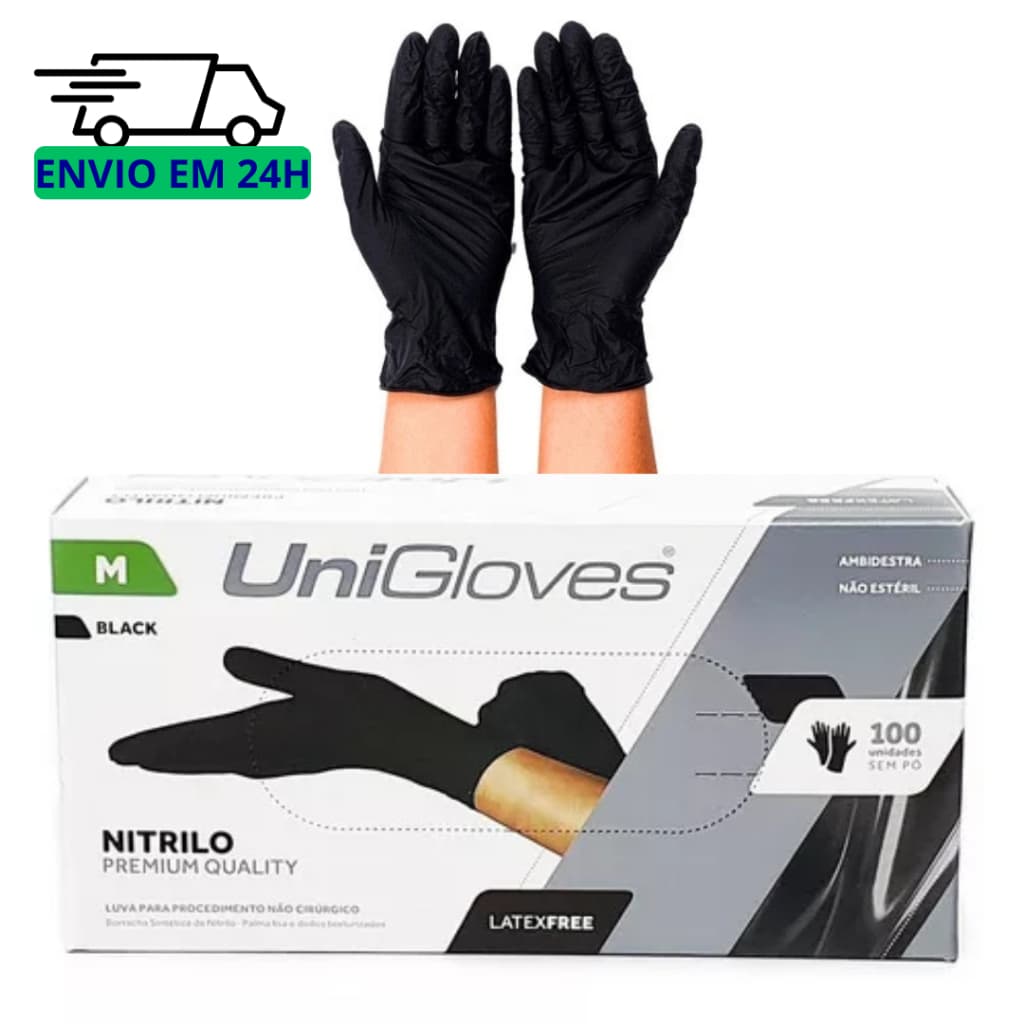 Luva Descartável Nitrilica Black Preta Sem Pó C/100 Unigloves