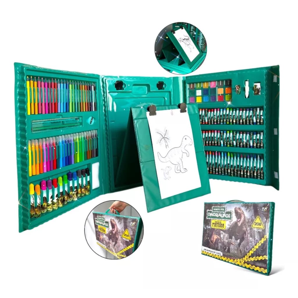 Estojo Maleta 208 Peças Infantil Dinossauro Escolar Pintura Menino