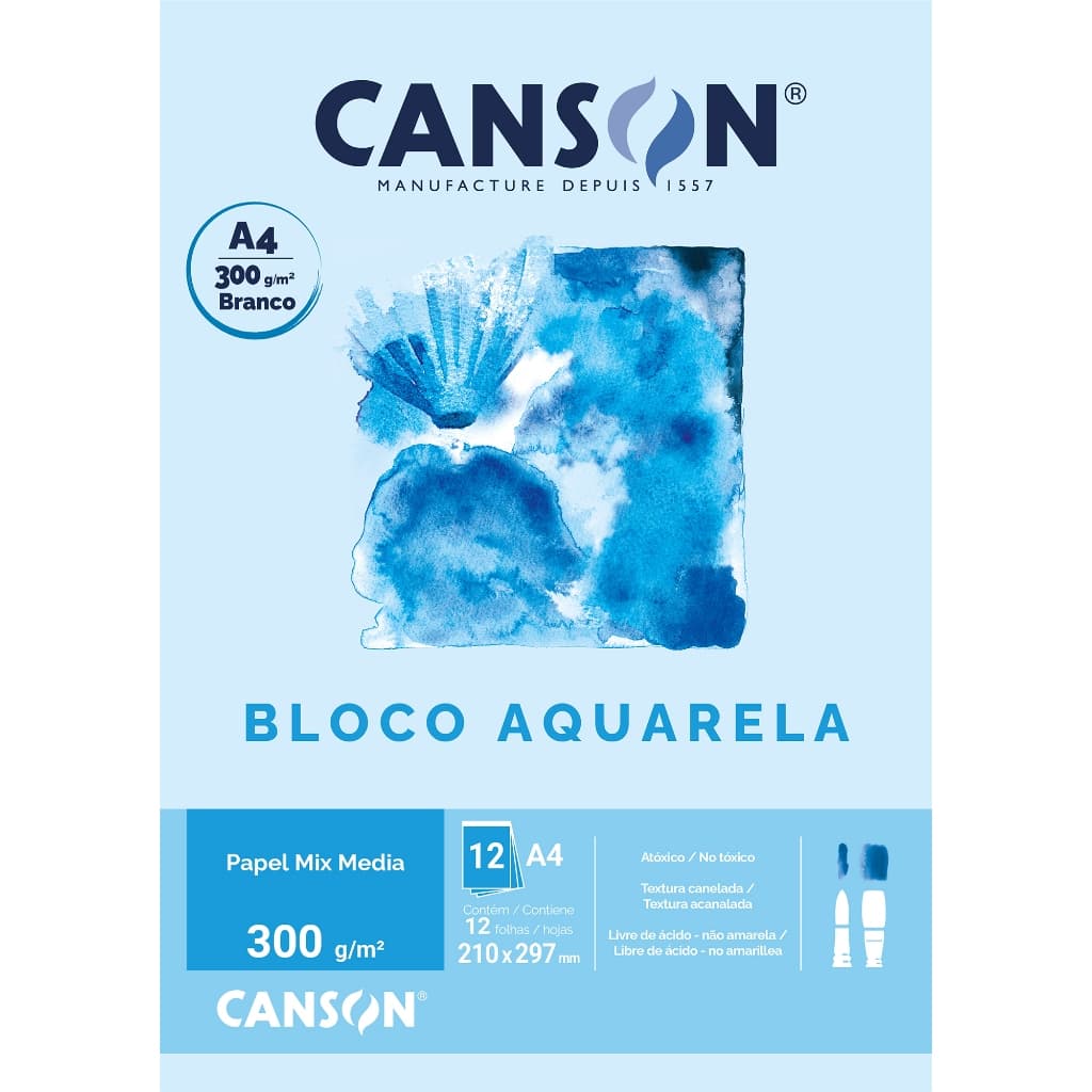 Bloco Aquarela Canson A4 300g 12 Folhas para Pintura Profissional e Técnica de Aquarela