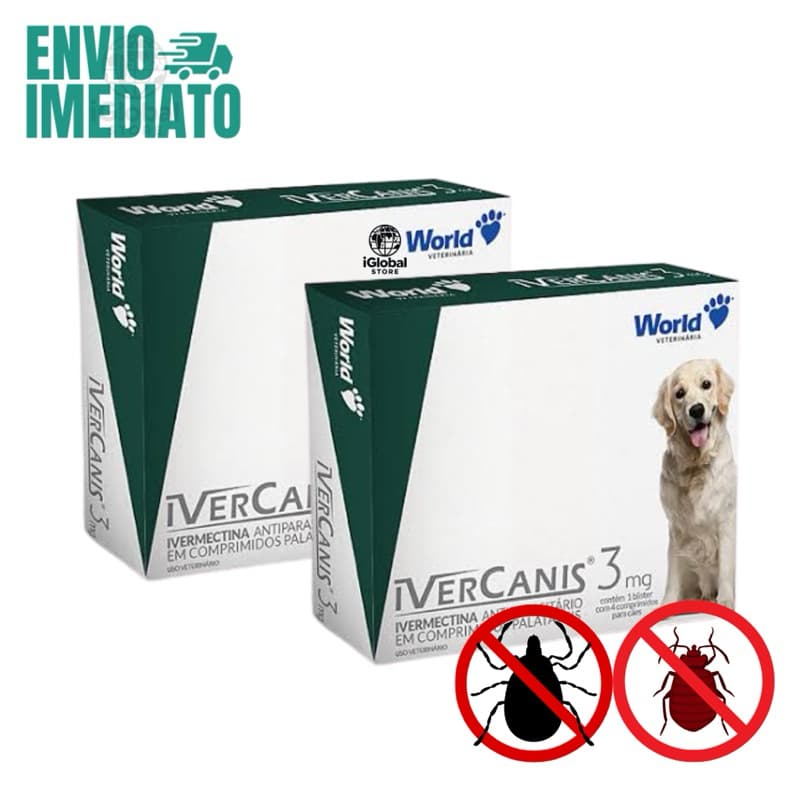 2 Caixas Remedio para Sarna, Sarnicida, Pulga e Carrapato Ivercanis 3mg C/4 Comprimidos