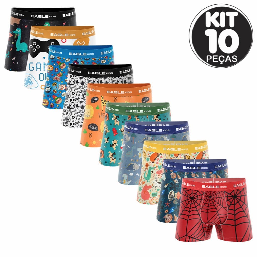KIT 10 CUECAS INFANTIL BOXER POLIESTER - SORTIDO