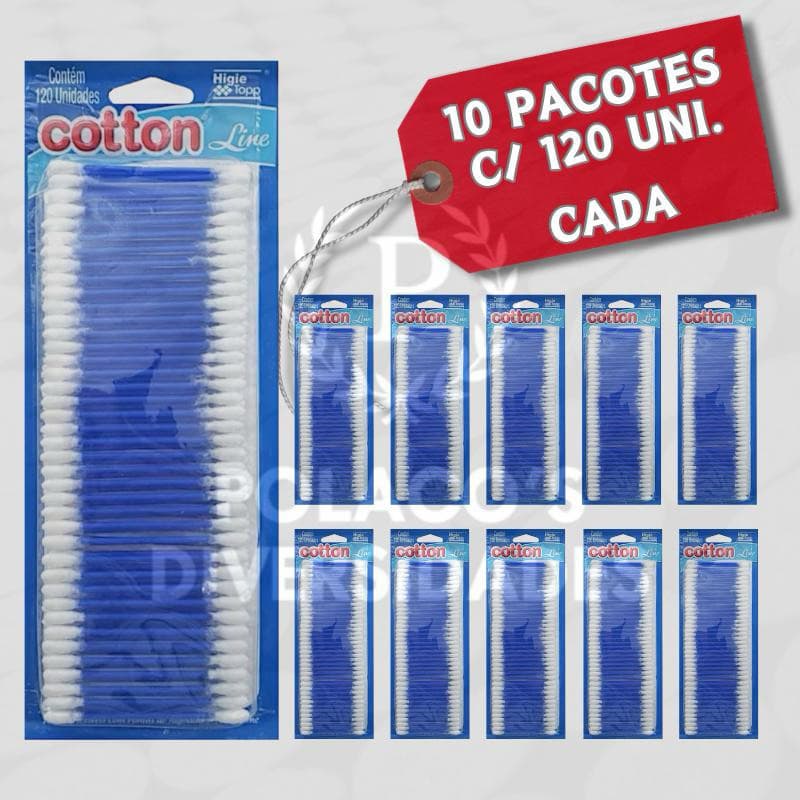KIT 10 Hastes Flexíveis Cotonetes Cotton Line Blister 120 Unidades Cada