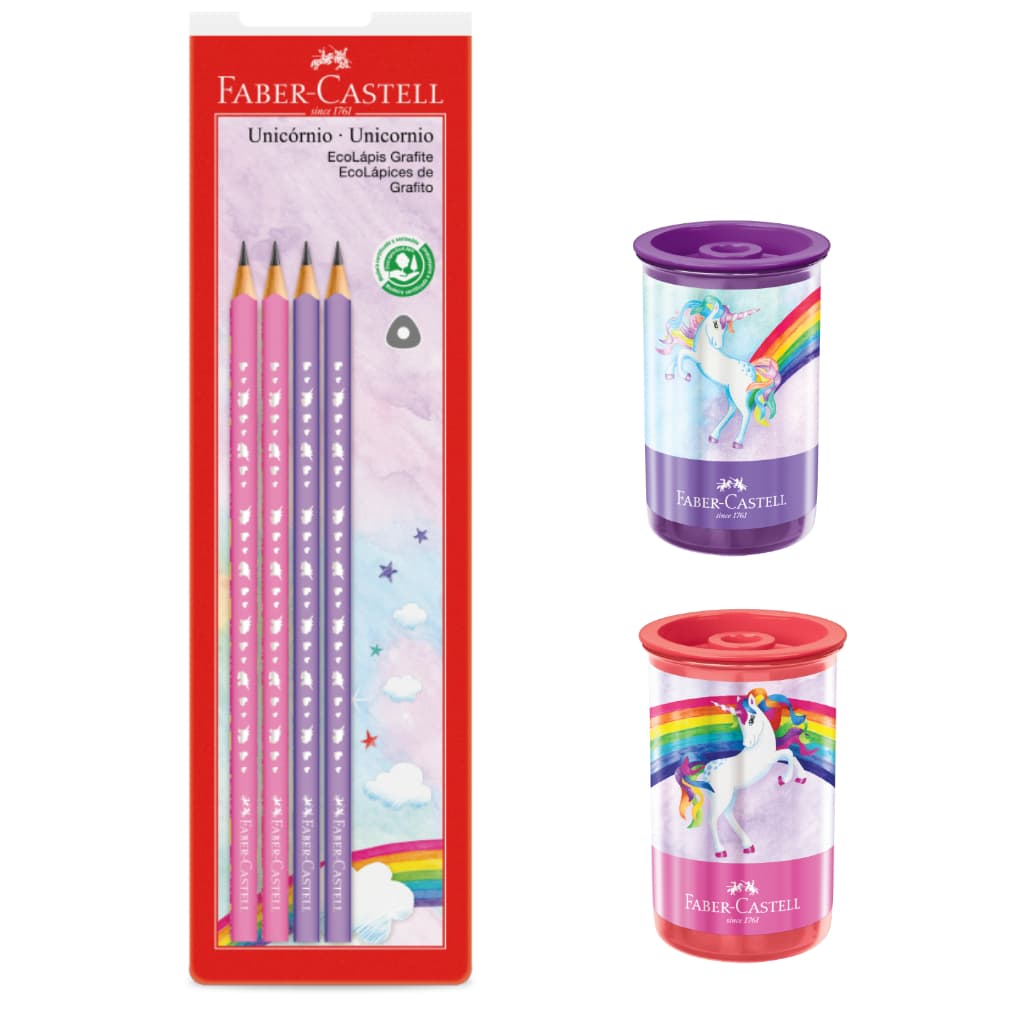 Kit Escolar Unicórnio 4 lápis + 1 Apontador Faber Castell