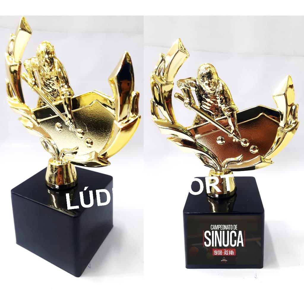 Troféu Sinuca Jogador Mesa Ramo 16cm Ouro BL1 {Personalizo} Tacada Dupla Tabela Caçapa Sequência