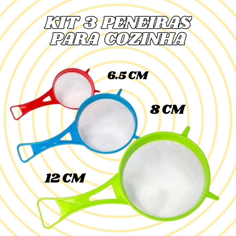 Kit 3 Peneiras Coloridas Nos Tamanhos 6.5Cm 8Cm E 12Cm De Plástico Práticas E Úteis Para Sua Cozinha