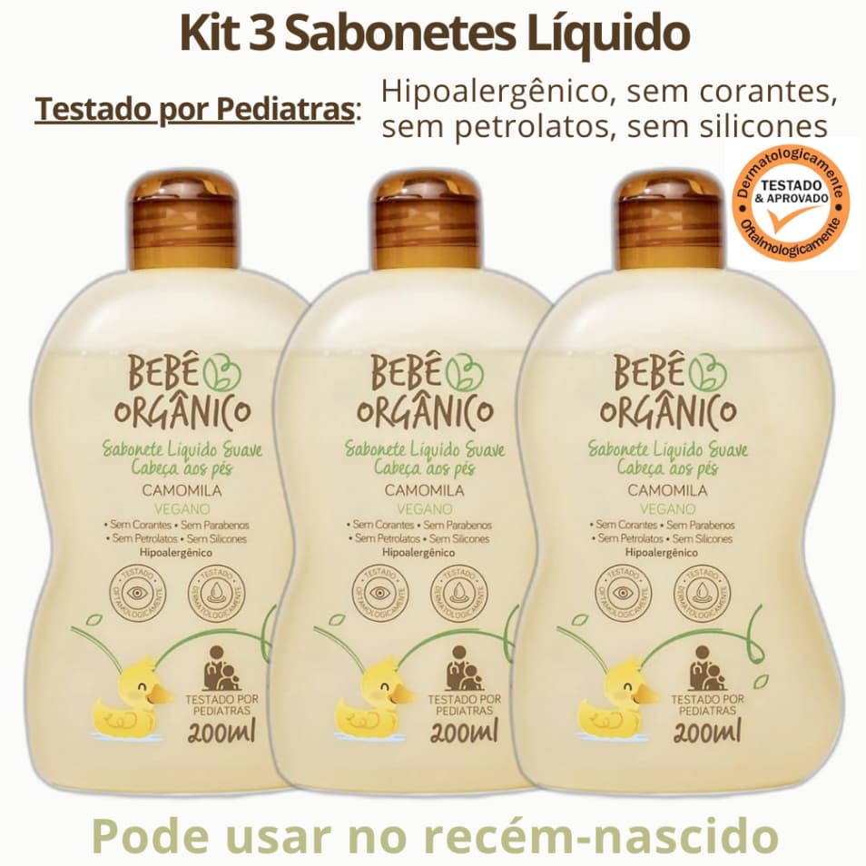 Kit 03 Sabonetes Líquidos CAMOMILA VEGANO da Bebê Orgânico Recém-Nascido Acalma e Nutre 200 ml Cada