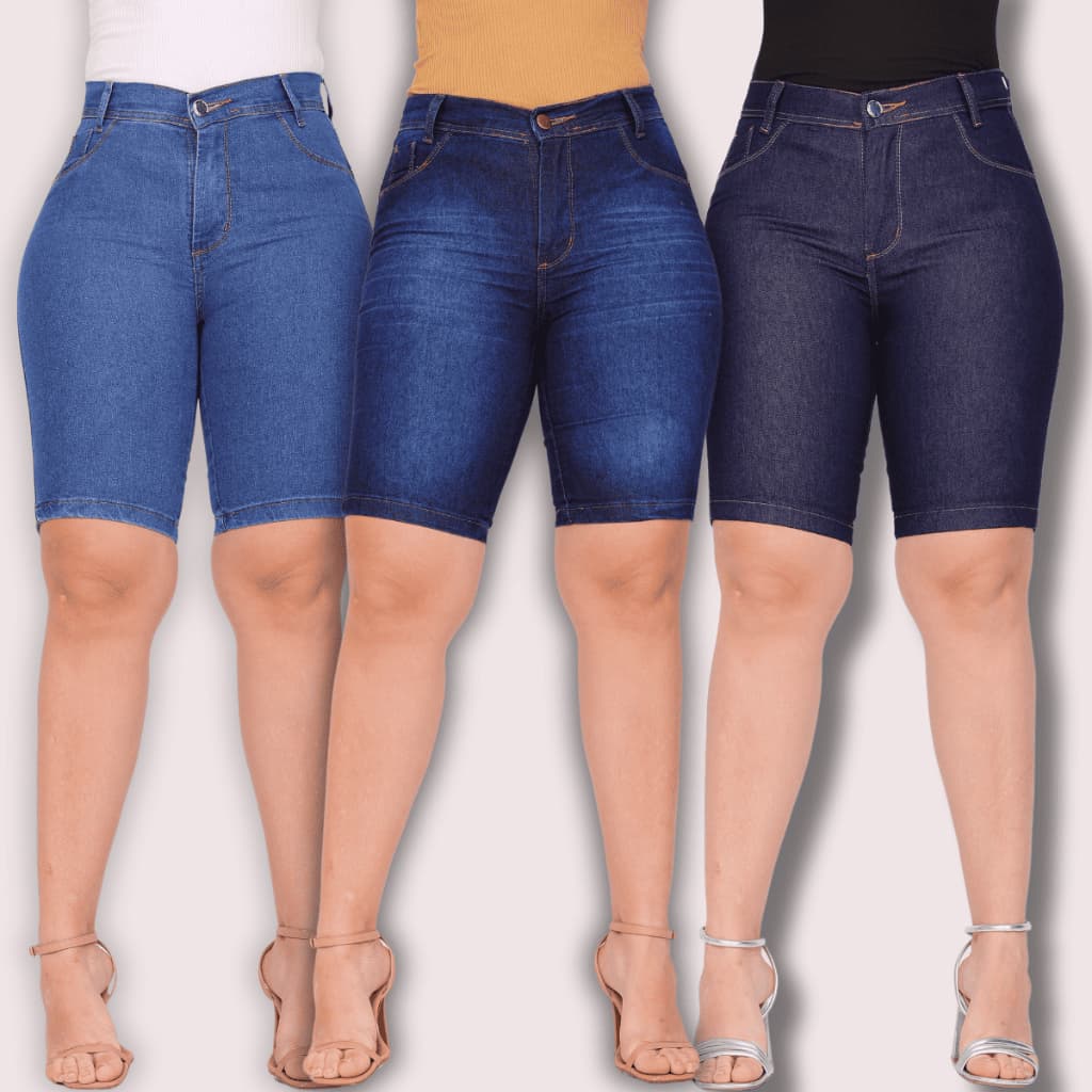 Bermuda Jeans Feminina Ciclista Lycra Elastano Tradicional Até o Joelho Cintura Alta