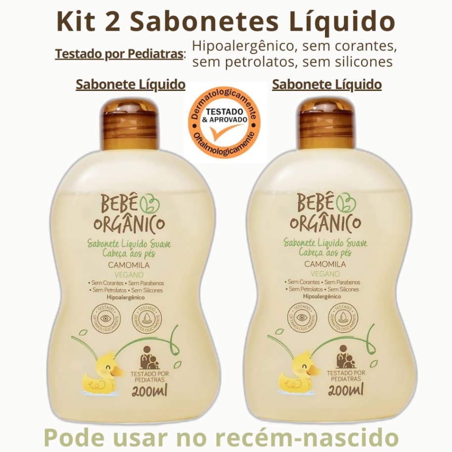 Kit 2 Sabonetes Líquidos CAMOMILA VEGANO da Bebê Orgânico Recém-Nascido Limpa Acalma 200 ml Cada