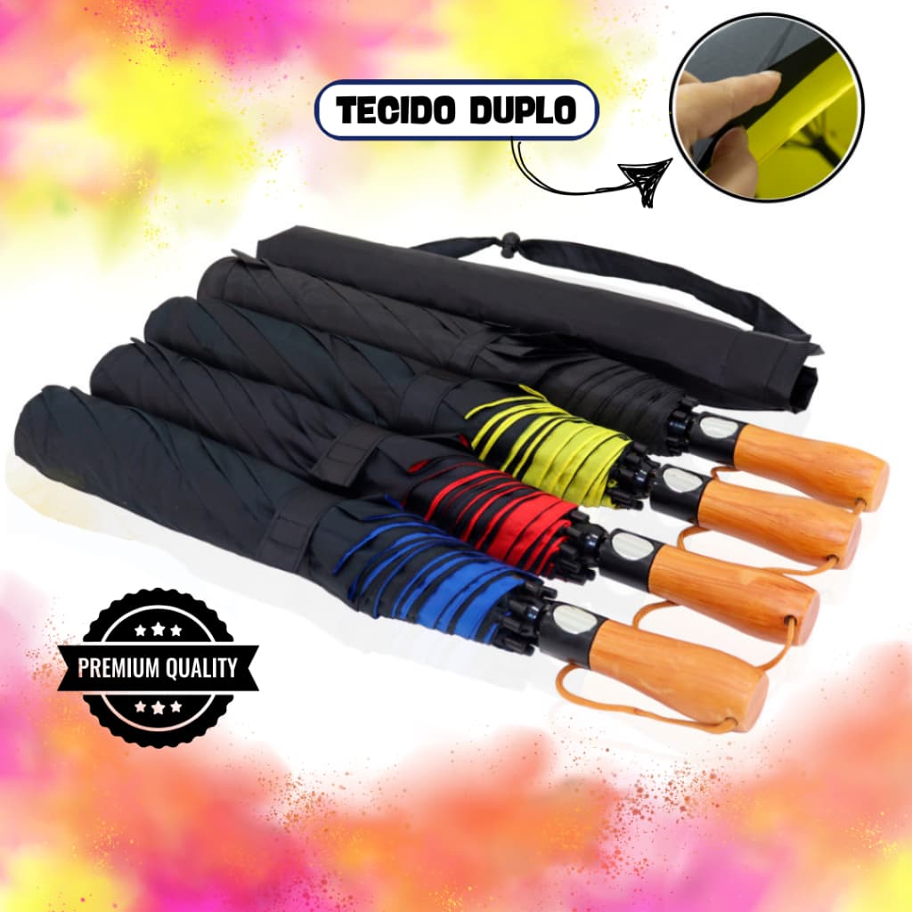 Guarda Chuva Liso Automático Preto Grande Tecido Duplo Reforçado Contra Vento