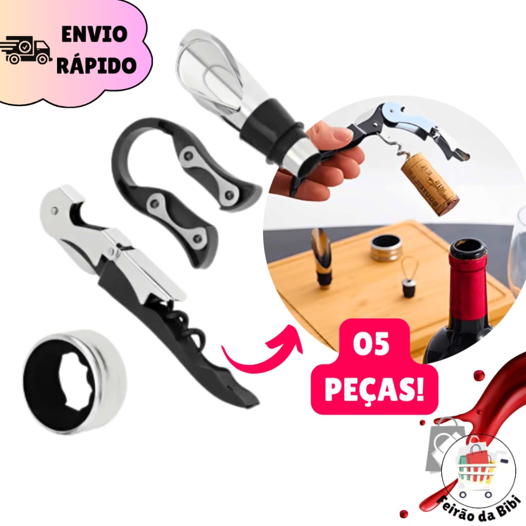 Kit Vinho Abridor Saca Rolhas Dosador Tampa 05 Peças