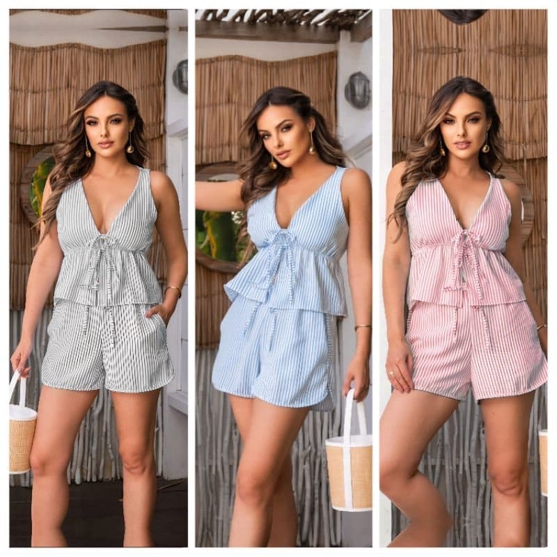 Conjunto Listrado feminino cropped babado amarrar short soltinho