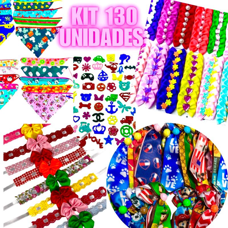 130 unidades Laços Pet Bandanas Gravatas Colar e Adesivos variados Banho e Tosa