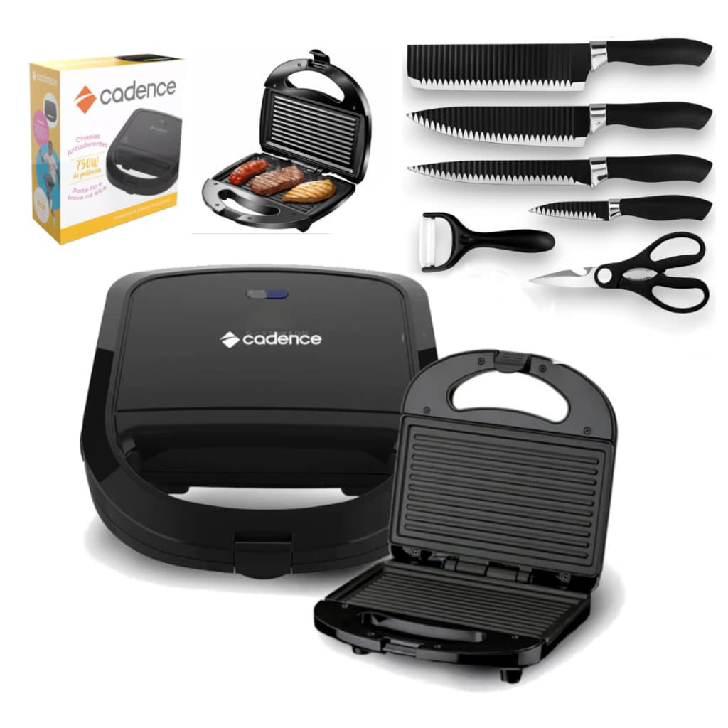 Sanduicheira Elétrica e Grill Antiaderente Cadence Preta 750W 220V - Envio Rápido