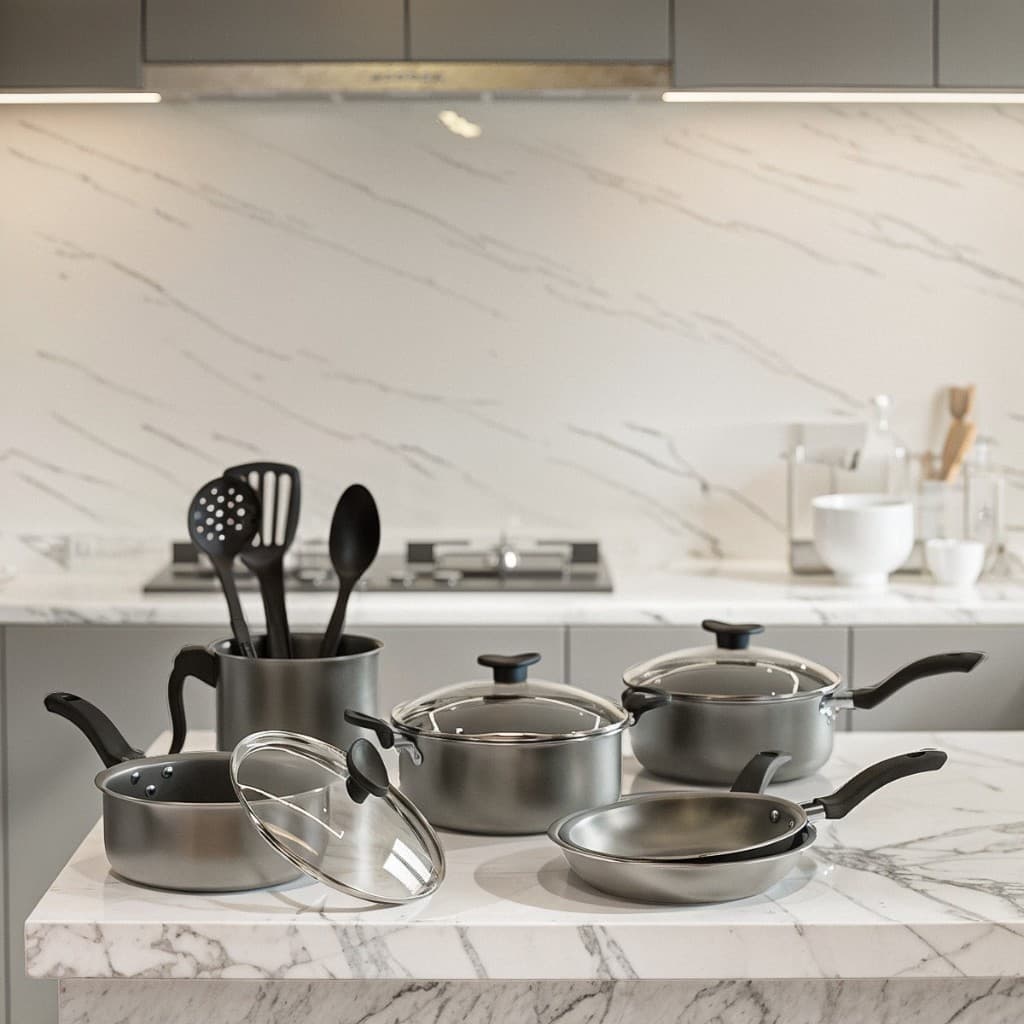 Panelas Kit 9 Pecas Completo De Aluminio Antiaderente Tampa De Vidro Utensilio De Cozinha Alimentos