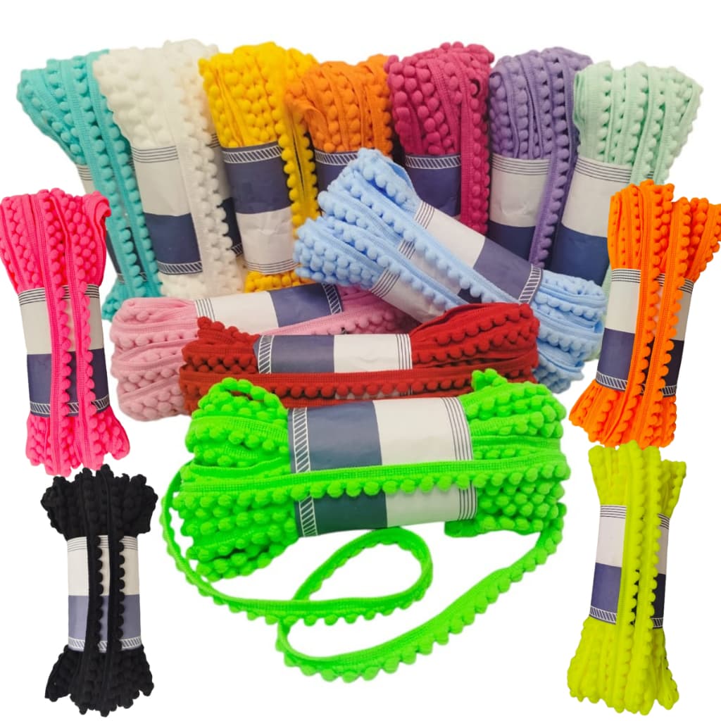 Cordão Fita Mini Pompom 13mm - 10 Metros - Várias Cores