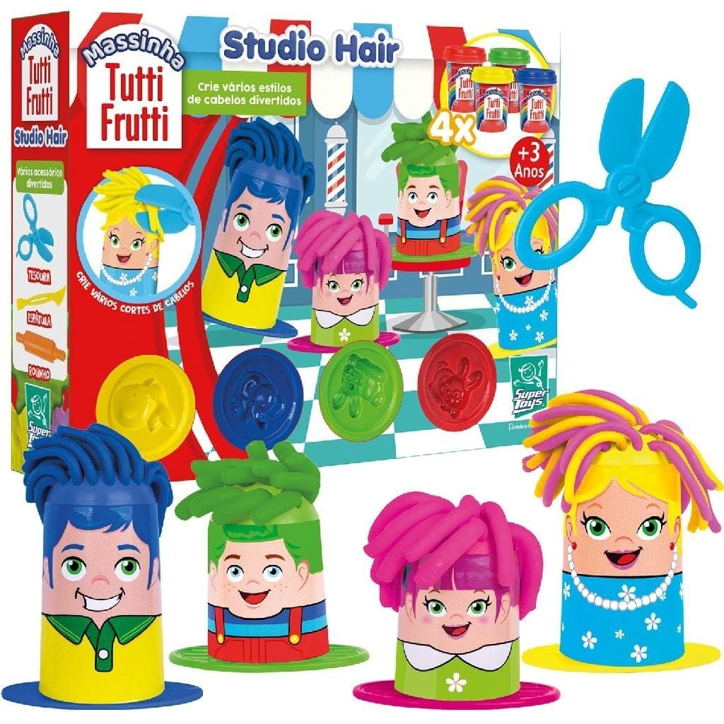 Kit Massinha Corte De Cabelo Maluco Studio Hair Tutti Frutti Com 4 Bonequinhos e Acessórios