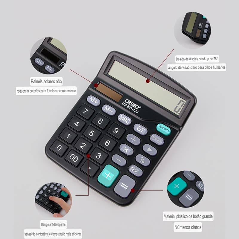 Calculadora de mão, carregamento solar, Mesa, Escritorio, 12 Digitos