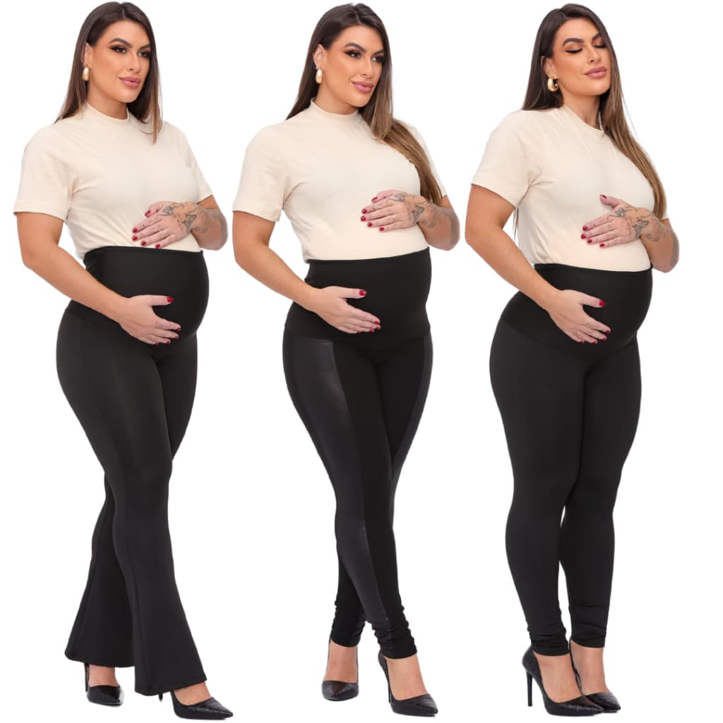 Kit 3 Calças Gestante Legging Flare Calça Montaria Cirre Legging Pretas Super Zero Transparencia
