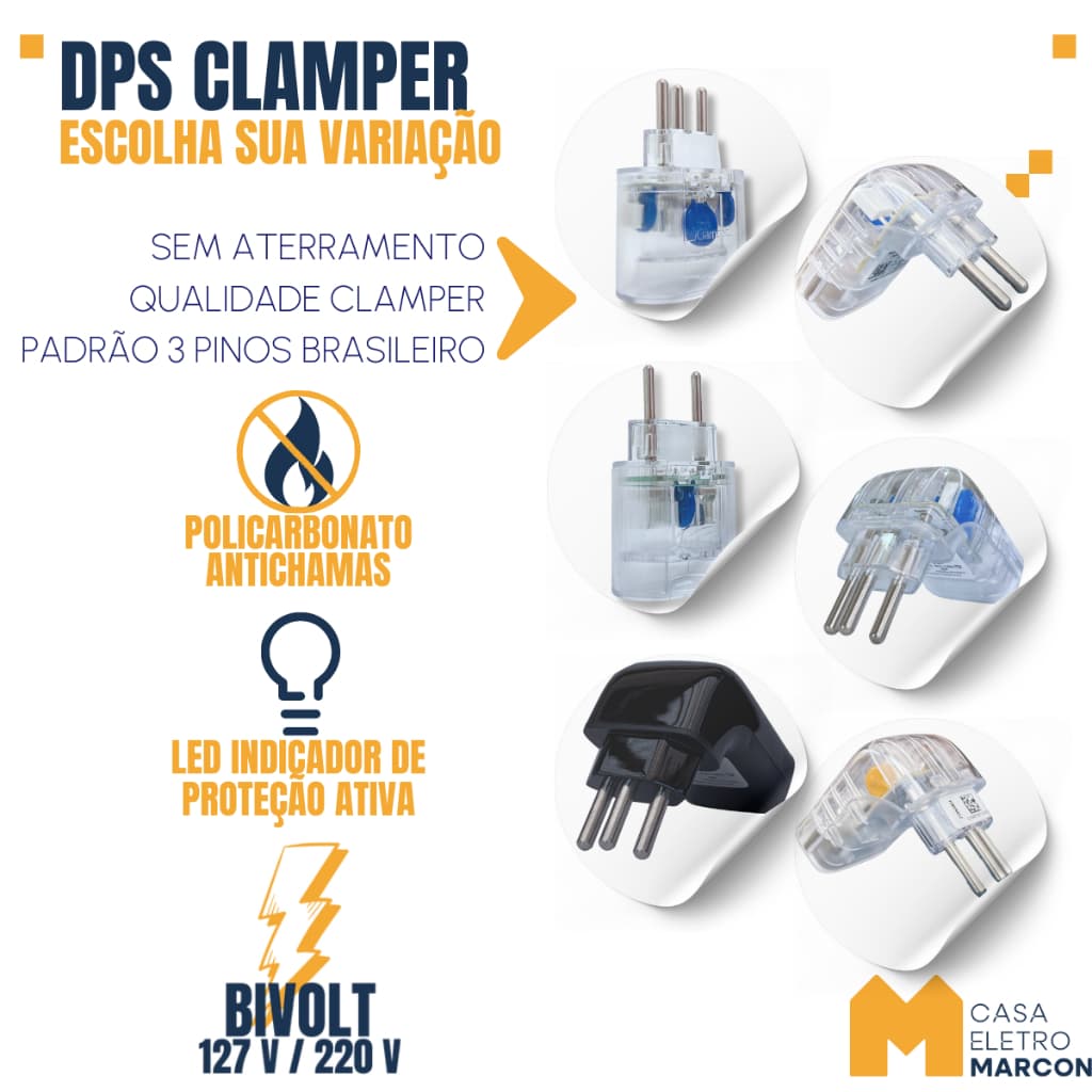 DPS Protetor Contra Surtos Elétricos Raios Clamper Pocket/Fit 2 e 3 Pinos 10a 20a Sem Aterramento