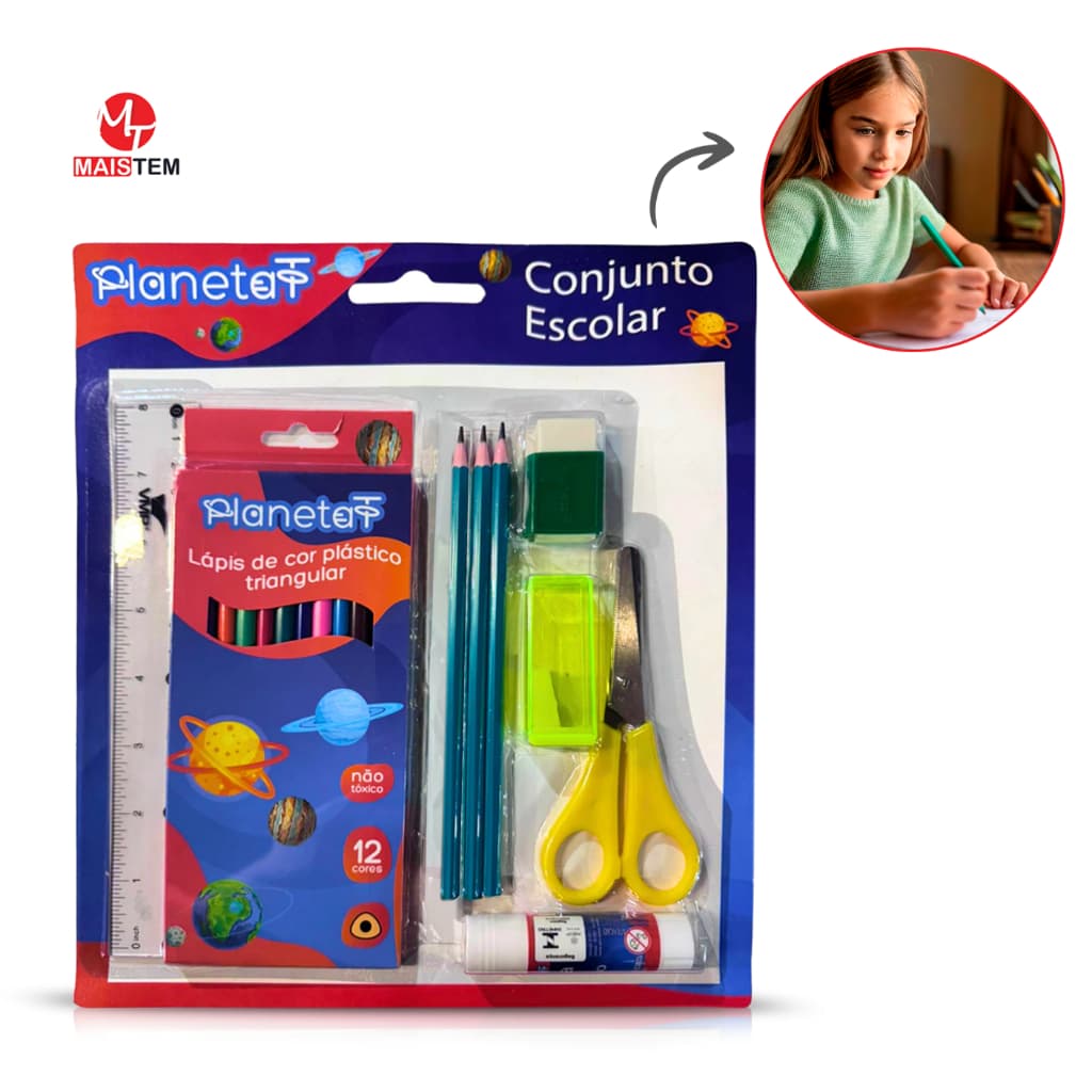  Escolar Completo Com Borracha Lápis Apontador Tesoura Cola 12 lápis de cor