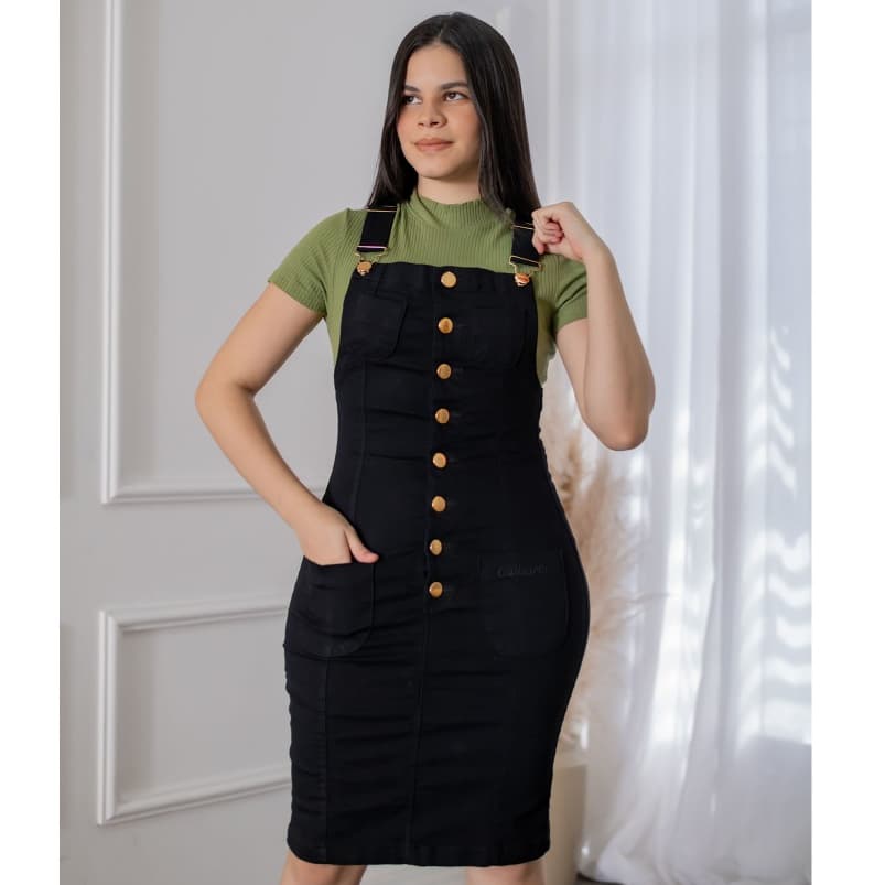 Salopete Vestido preta com botões dourados - Gallzarth