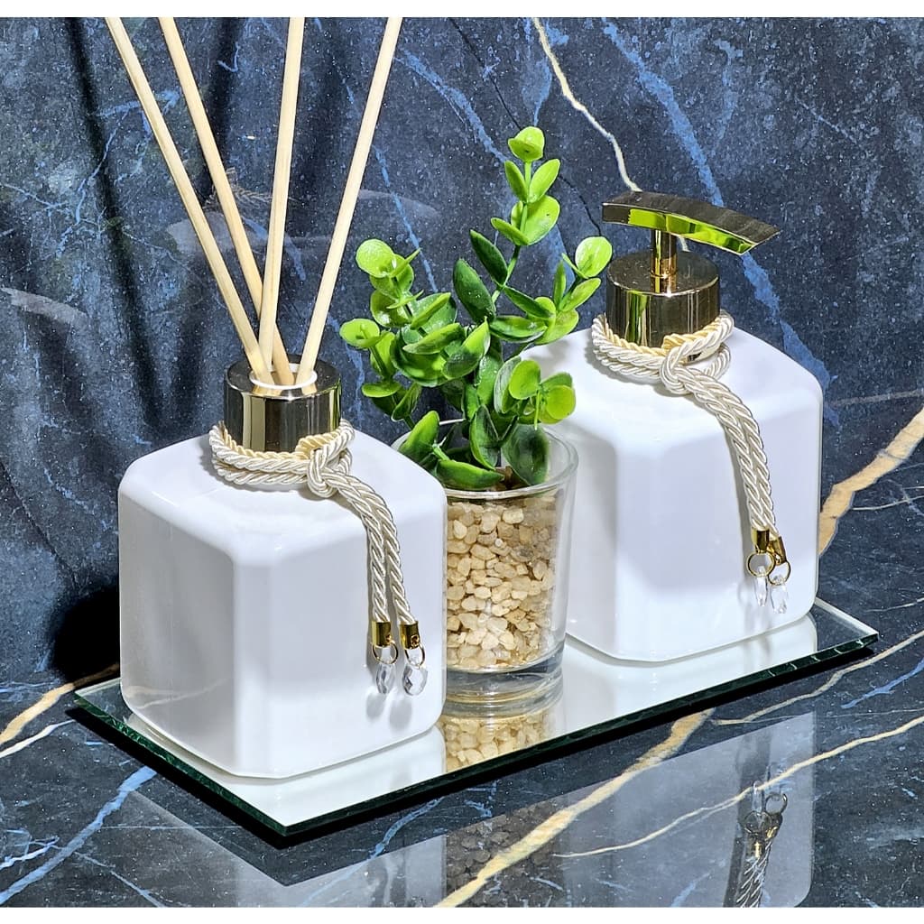Kit Banheiro Dourado Presente Casamento Aromatizador Difusor de Ambiente Bandeja
