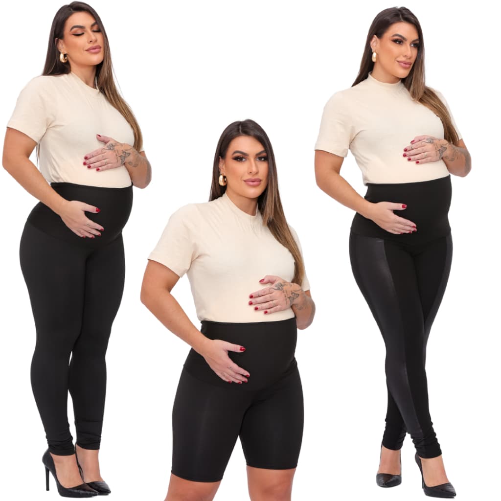 Kit 3 Peças Gestante Legging Bermuda Calça Montaria Cirre Legging Pretas Super Zero Transparencia