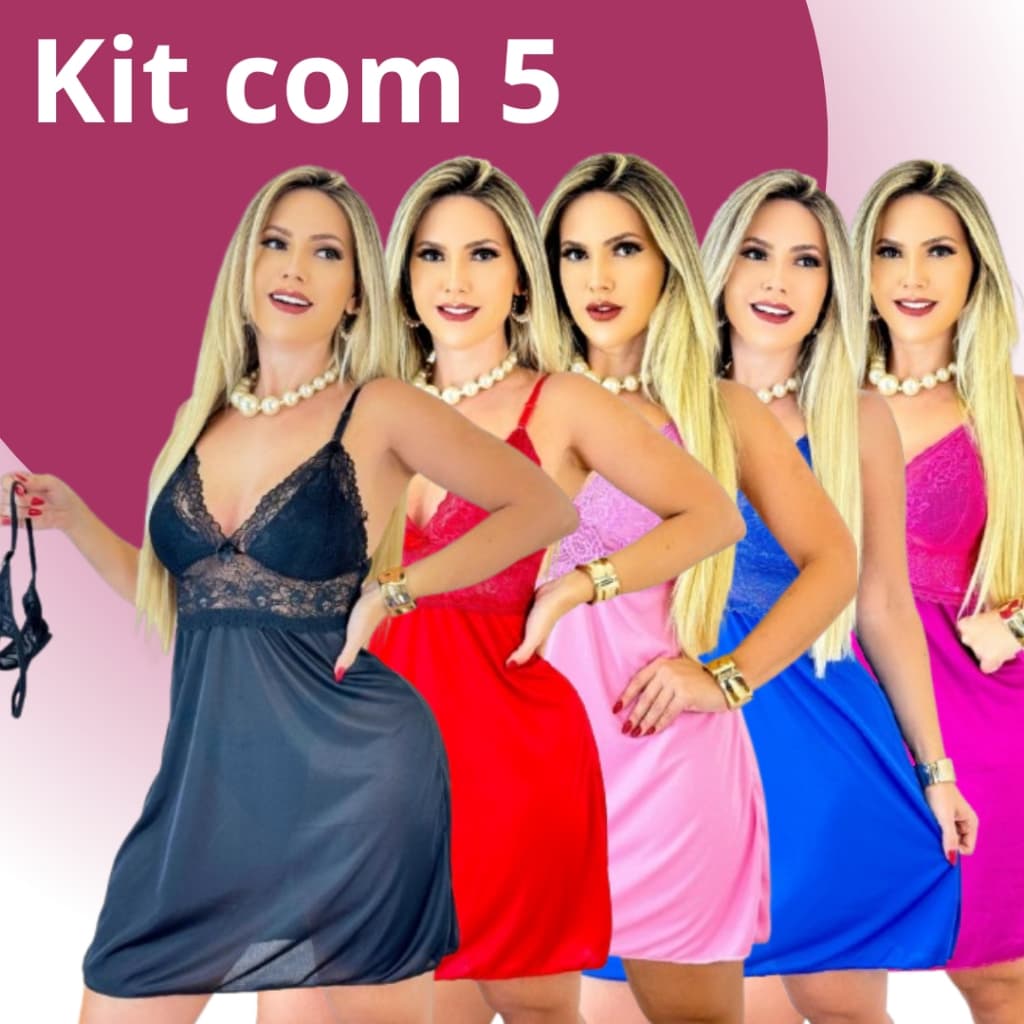 Kit Com 5 Camisolas Feminina Sensual + Calcinha Fio Pijama Renda Sensual Roupa para dormir Baby Doll