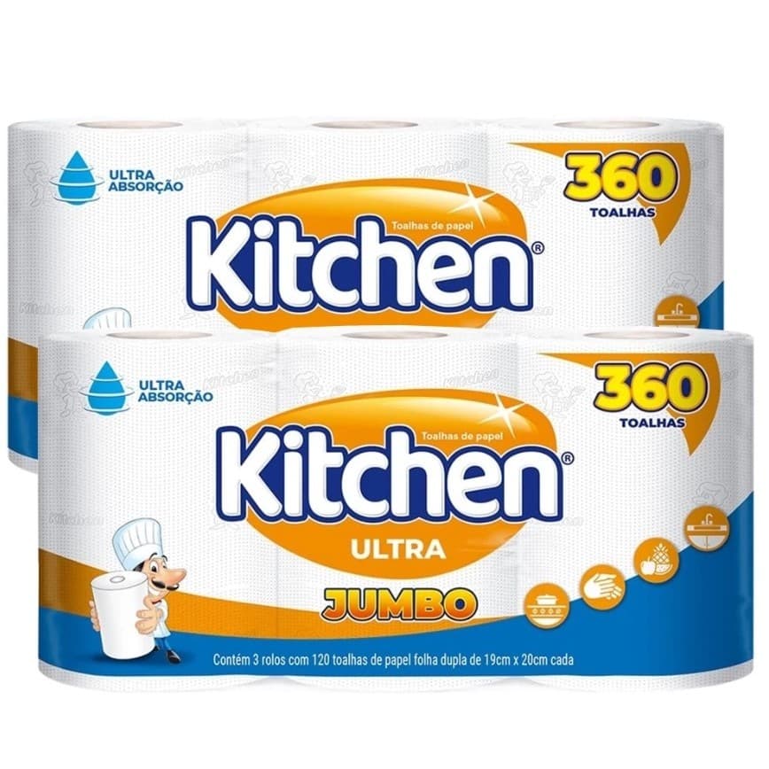 Papel Toalha Kitchen Jumbo 6 Rolos Folhas Duplas 720 Unids