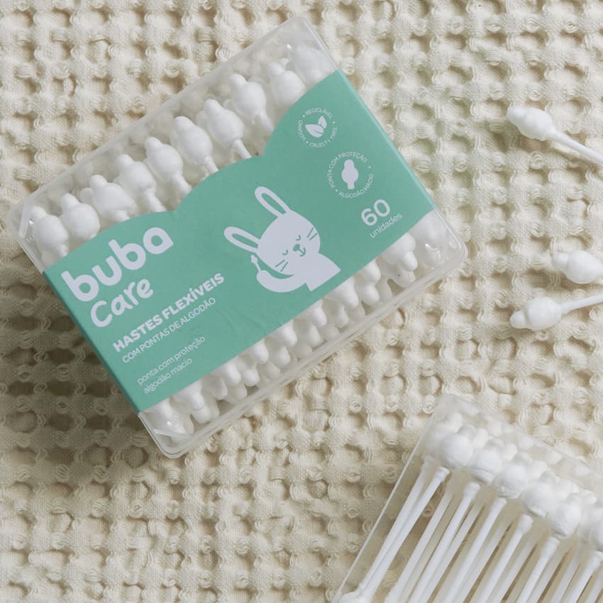 Hastes Flexiveis Baby Com Pontas de Algodão Buba Care 60 Unidades Cotonete Bebê