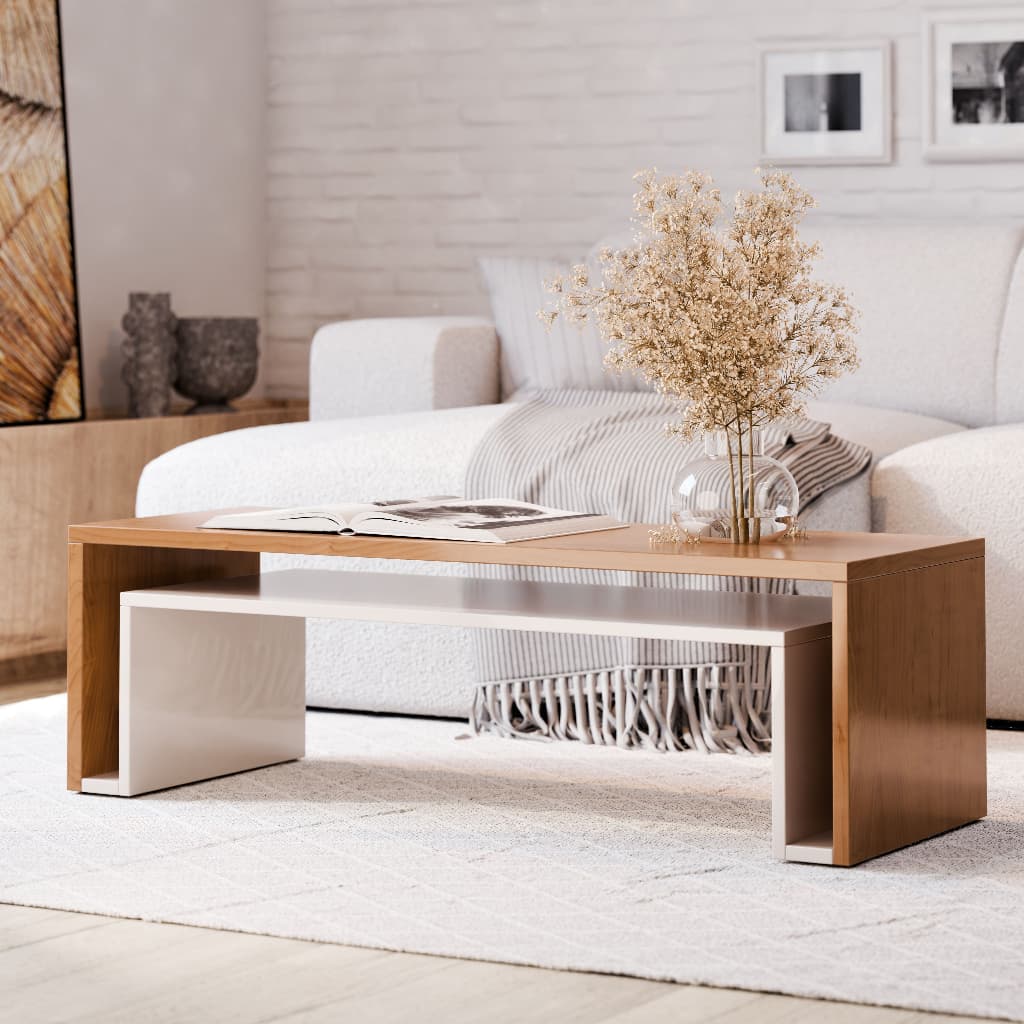 Mesa de Centro Livintus Nature Branco Moderna Decorativa Sala Estar Compacta Elegante com Nicho