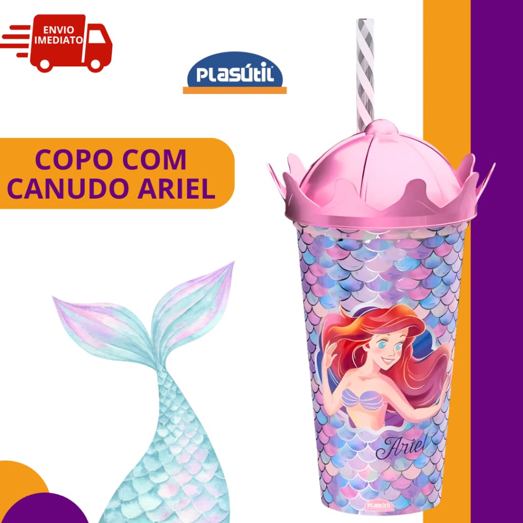 Copo com Canudo e Tampa Coroa Ariel Pequena Sereia Metalizado Rosa 500ml Plasútil