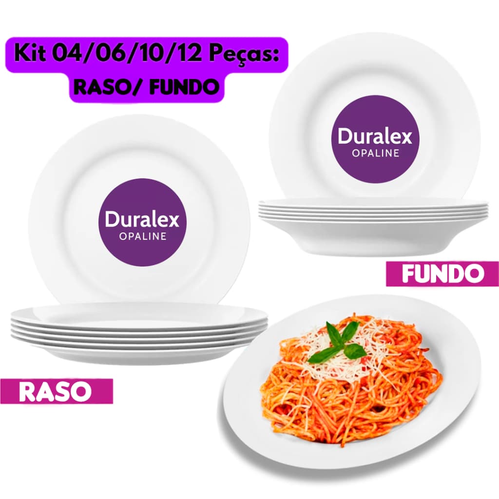 Jogo Kit 04/06/12UN Pratos Raso e Fundo Branco Vidro Duralex Menu Temperado Opaline Almoço Hotel