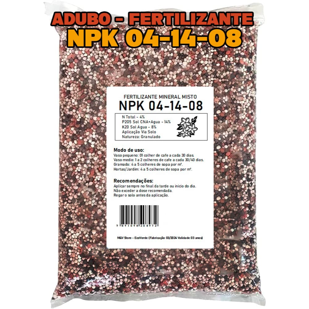 Adubo Fertilizante NPK 04-14-08 para Plantio, Flores e Frutas - 500g, 1kg, 2kg, 5kg