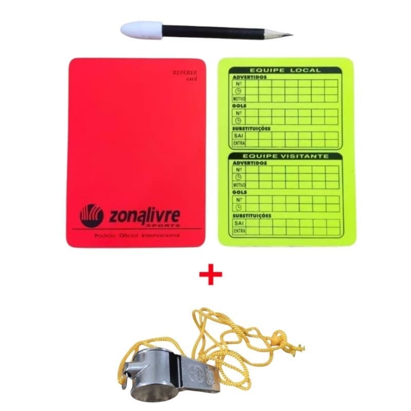 Par de Cartão de Arbítro Padrão Oficial + Apito de Metal + Lápis