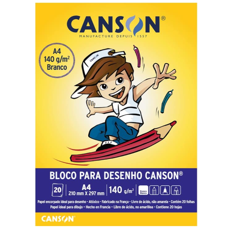 Bloco de Desenho Canson A4 de 140g Branco Com 20 Folhas - Papel Artístico para Esboço e Pintura!