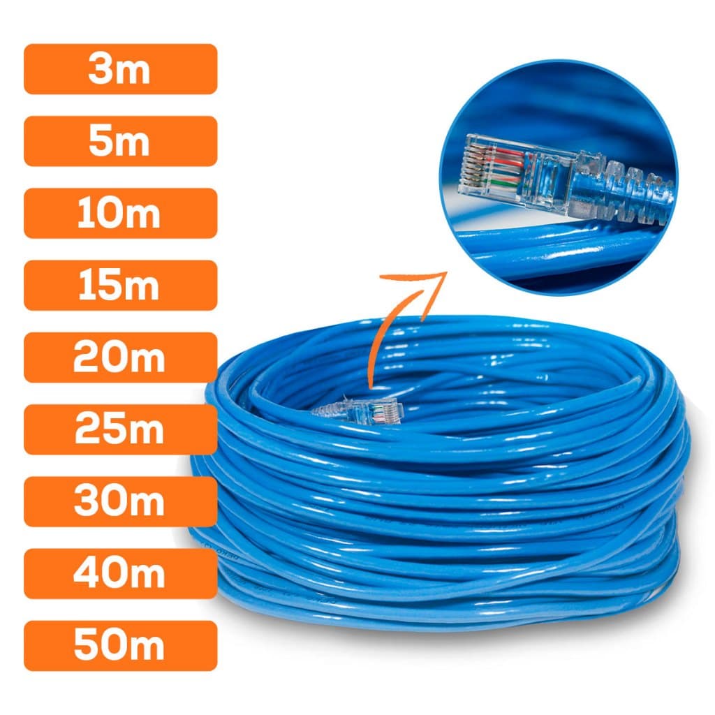 Cabo de Rede CFTV 3m 5m 10m 15m 20m 25m 30m 40m 50m Azul 4 Pares 24awg Crimpado Montado Pronto