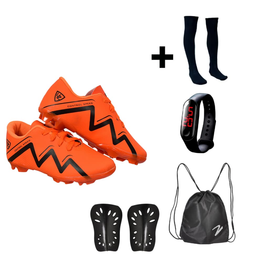 Chuteira Campo Gravado 1000 Infantil + Meião + Relógio + Caneleira + Mochila